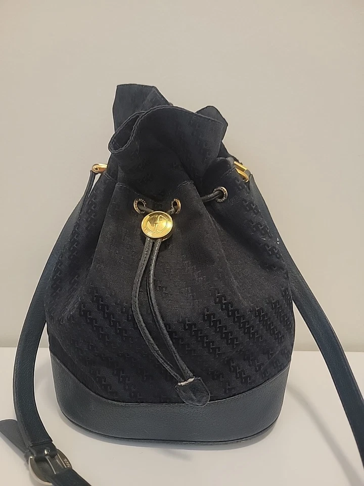 De colección GUCCI GG Lona Cuero Negro Cordón 001-495-1366 Hombro Hecho en Italia Foto 2 de 4