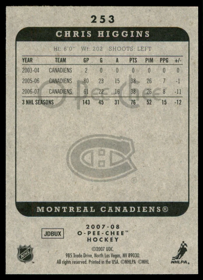 2007-08 O-Pee-Chee Chris Higgins #253 - Image 2 of 2