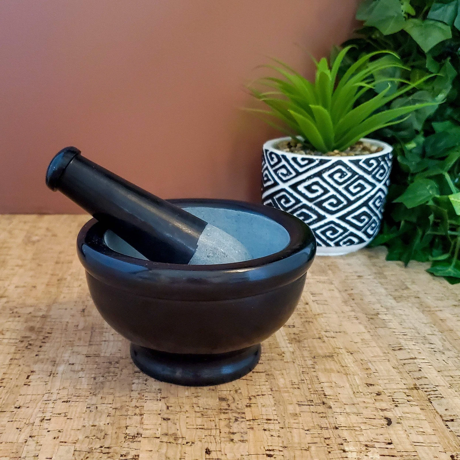 Large Black Marble Mortar and Pestle Set - Handmade Soapstone Kitchen Decor 5"