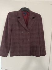 Anne Klein II Women's Blazer Wool Blend Shoulder Pads Lined Maroon Plaid Sz 6