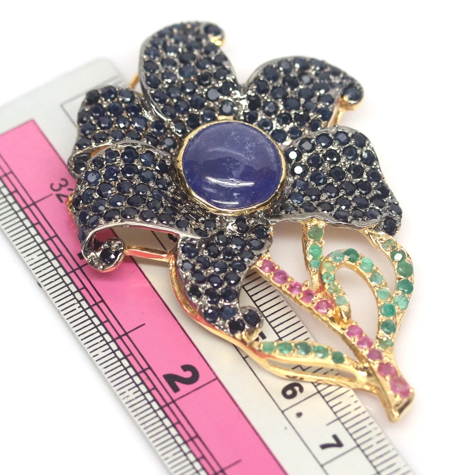 14 mm. Blue Tanzanite, Sapphire, Ruby & Emerald Brooch Silver 925 Sterling - Image 3 of 4