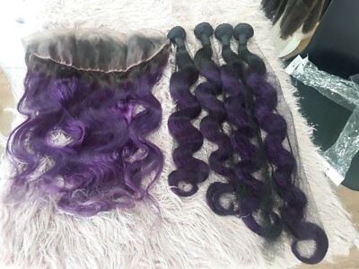 1B#/LILA 2TÖNE OMBRE KÖRPER WELLE BRASILIANISCHES REINES HAAR 26+28+30+32&26 FRONTAL
