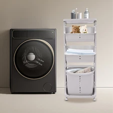 Plastic Laundry Hamper Basket Clothes Storage Organizer Shelf Rolling Cart