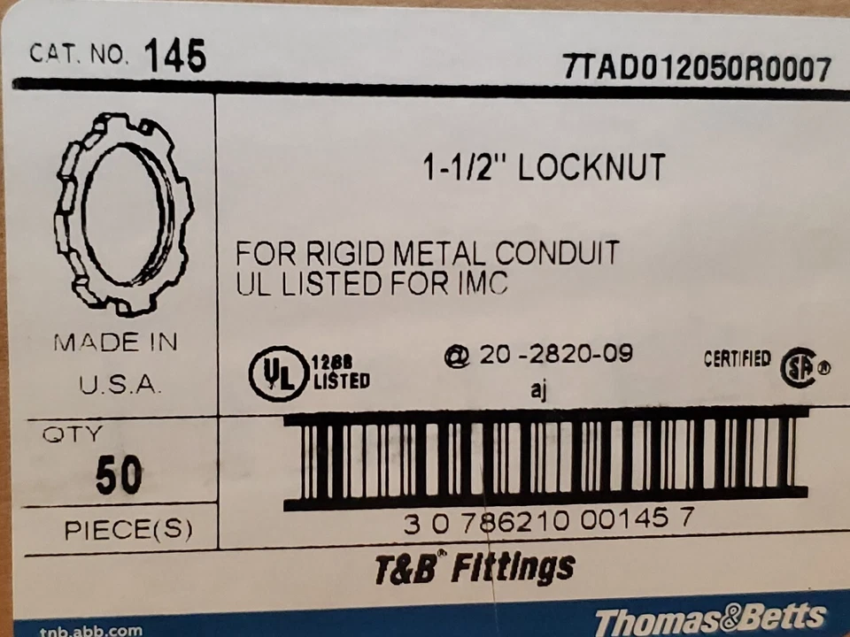 Lote de 50 145 Thomas & Betts Acero 1-1/2" Tuercas de Bloqueo de Conducto Tuercas de Bloqueo NUEVO Foto 3 de 4