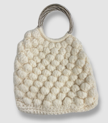 $497 Gedebe Women's Ivory Sachet Crochet Wool Crystal Ring Top-Handle Bag Purse