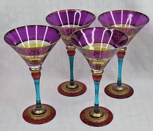 4 Pier 1 Festive Martini Glasses Blown Colorful Purple Stripe Gold Accent 8" Set - Picture 4 of 17