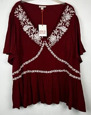 Knox Rose Babydoll Top 3X Plus Red Embroidered Floral Boho Peasant Gauzy Read