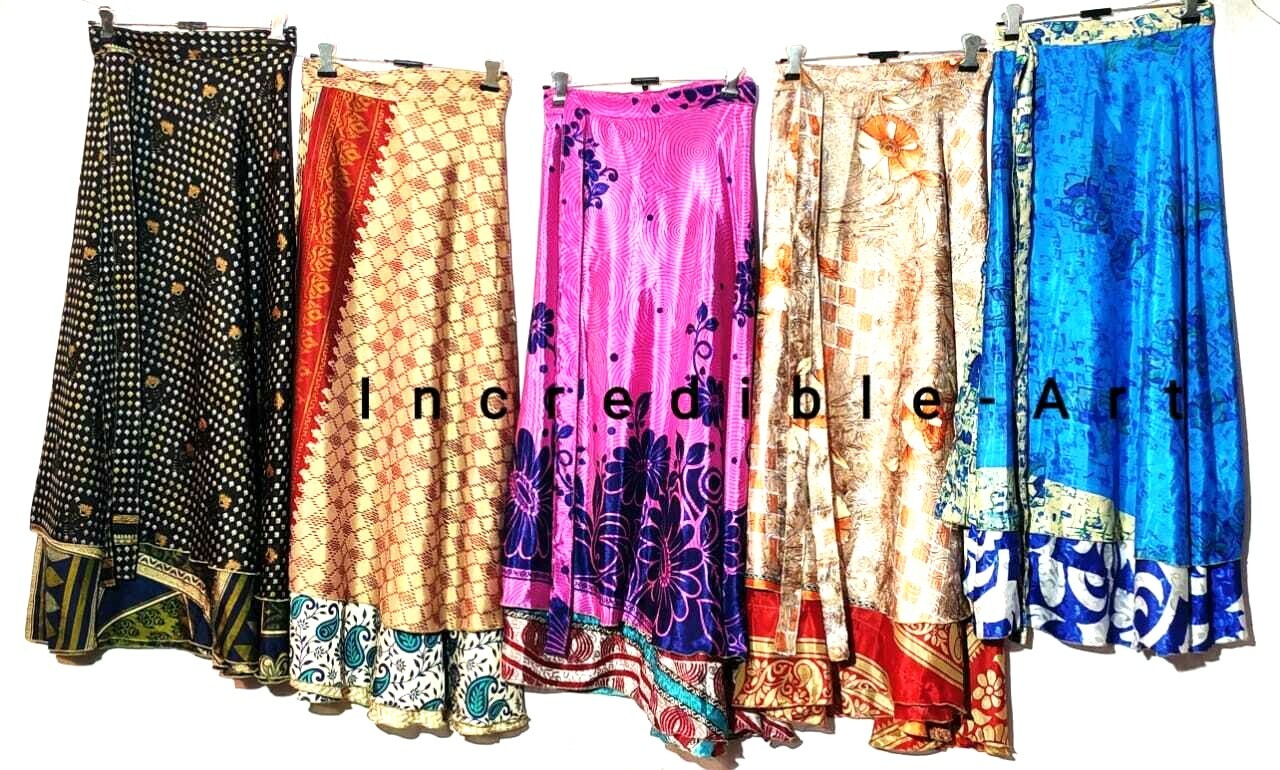10-Piece Lot Vintage Sari Silk 2-Layer Boho Wrap Skirts Long Flowy
