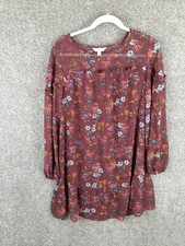 Time and Tru Long Sleeve Floral Print Ruffle Yoke Dress Womens L 12-14 Red NWT