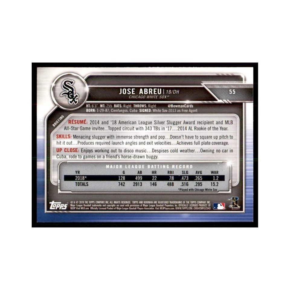 2019 Bowman Jose Abreu Baseball Cards #55 - Image 2 of 3