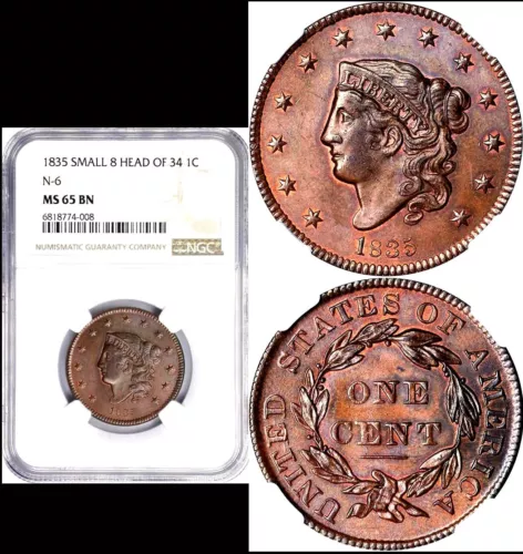 1835 1C- RARE SMALL 8 & STARS-HEAD OF 34 TONED MARTON HEAD CENT-N-6 RARITY 1 NGC
