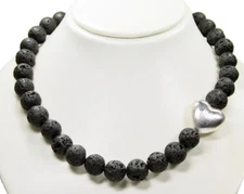 Very Nice Gemstone Necklace Lava IN Ball Shape with A Herzform-Zwischenteil