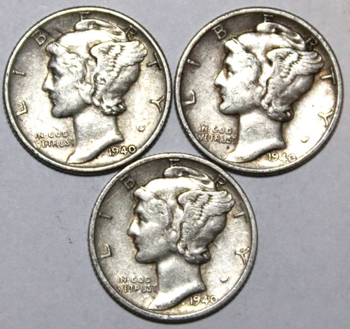 (3) Mercury Dimes - 1940D 1940P 1940S - VF/XF - #0476ED - FREE SHIPPING