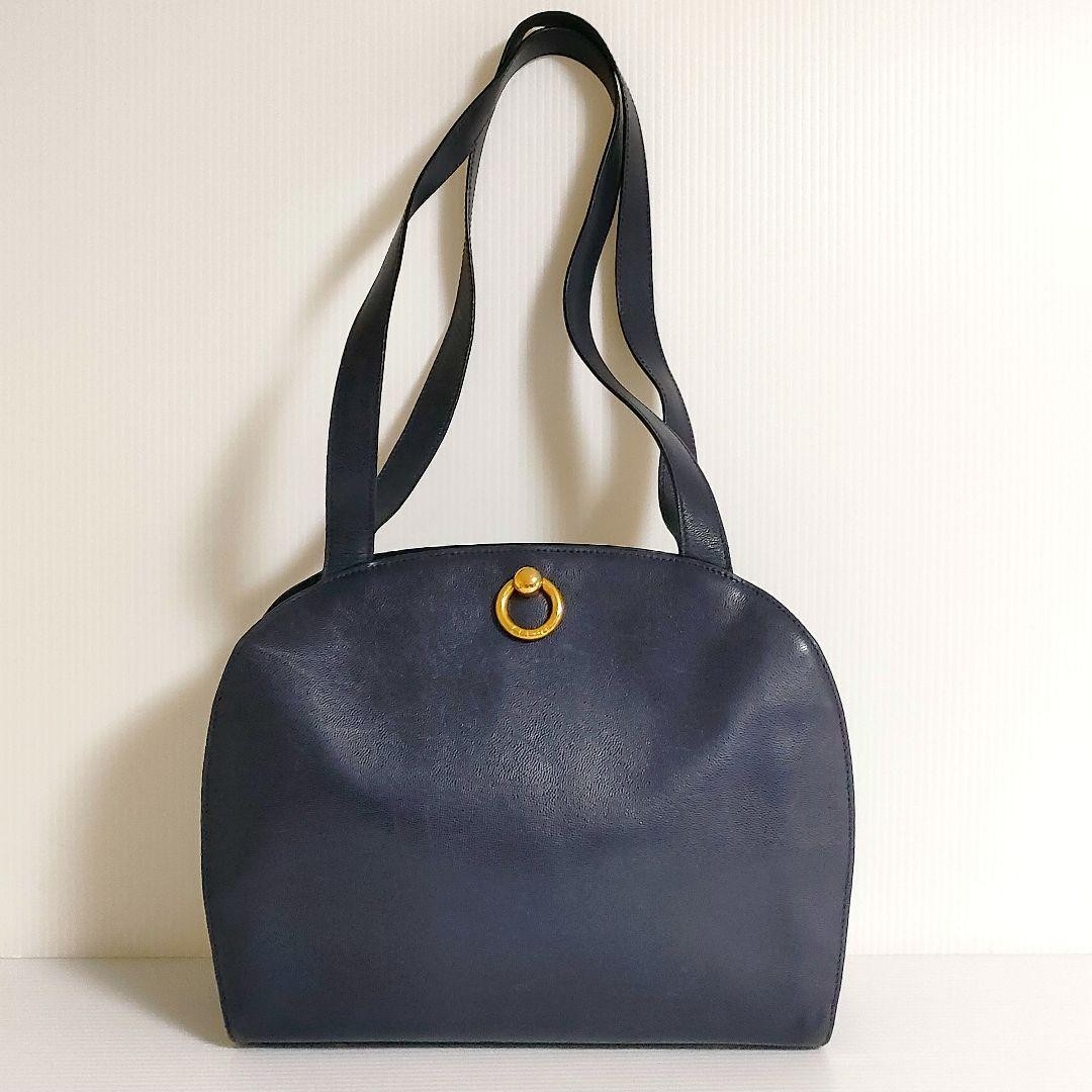 [Authentic Used] Vintage CELINE Circle Logo Shoulder Tote Bag Navy Leather