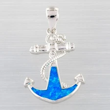 Rope Winding Anchor Ocean Blue Fire Opal Silver Jewelry Necklace Pendant