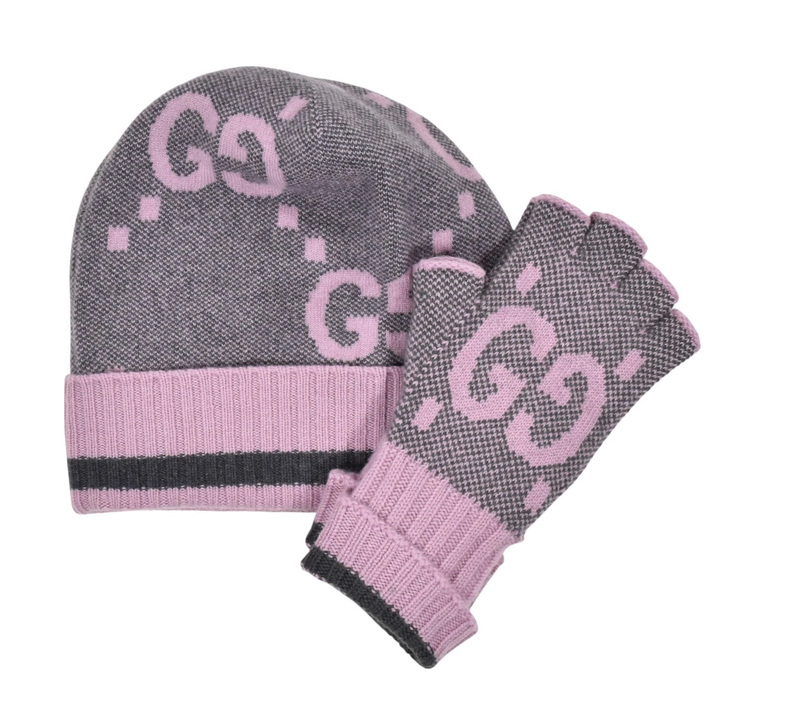 Authentic Women's Gucci Grey Pink Cashmere GG Beanie Hat & Gloves 676827 M New