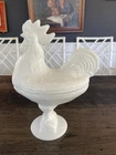 Vintage L E Smith White Milk Glass Standing Rooster Pedestal Candy Dish PERFECT