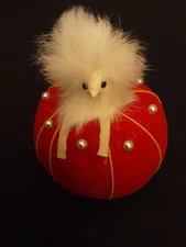 Vintage Sewing Pincushion with Tape Measure, Japan,  Red Velvet with White Dog