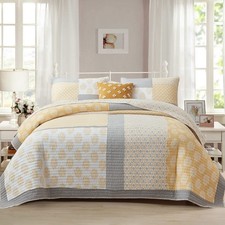 King Quilt Set - 100 Cotton Lightweight Farmhouse Yellow Gray Floral 3 Piece