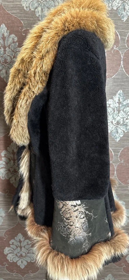 Chaqueta de piel de cordero genuina de piel de oveja, negra, ribete de piel real, talla L Foto 4 de 4