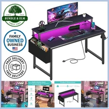 Gaming Desk with LED Lights Power Outlets USB Charging Station Modern Black