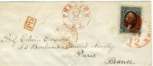 U.S. #69 with magenta Trenton, N.J. CDS to Paris in 1865, VF-XF stamp