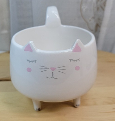 Cat-Kitty Footed Mug, Planter, Trinket Dish, White Arlington Designs Ceramic 4 