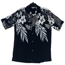 Sunny Island Men’s Hawaiian Shirt Black And White Rayon Button Front Size Medium