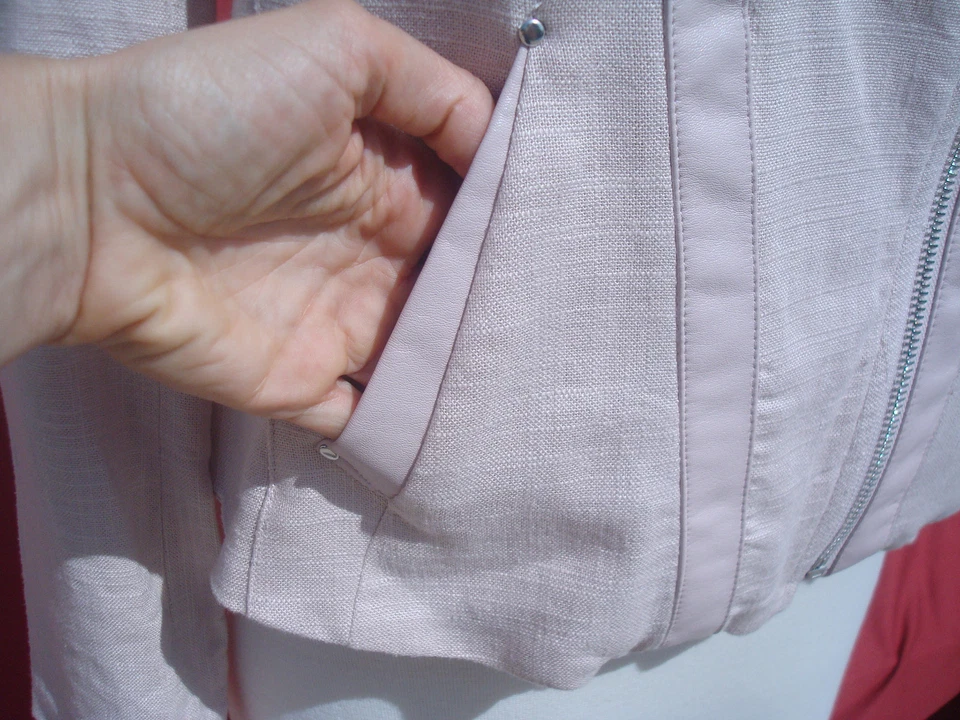 Nueva Chaqueta Blazer Mark Zunino Rosa Claro Cuero Borde Rayón Lino Para Mujer Talla 8 Foto 4 de 4