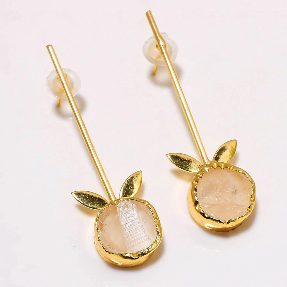 Boucle d'oreille bijou ethnique fait main pierre précieuse quartz rose plaqué... - Photo 2/2