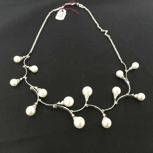 Silver & Pearl Necklace Choker Rhodium 16 in CZ New Old Stock Bridal Non Tarnish - Picture 4 of 7