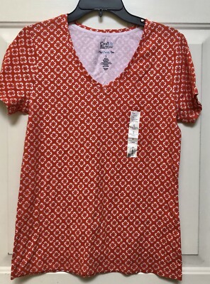 Croft & Barrow The Classic Tee Orange/White Floral V-neck Short Sleeve Cotton