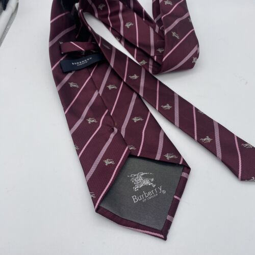 Burberry London Striped Silk Tie Knight Logo Plum Purple Classic Men Maroon Dark - Picture 4 of 5