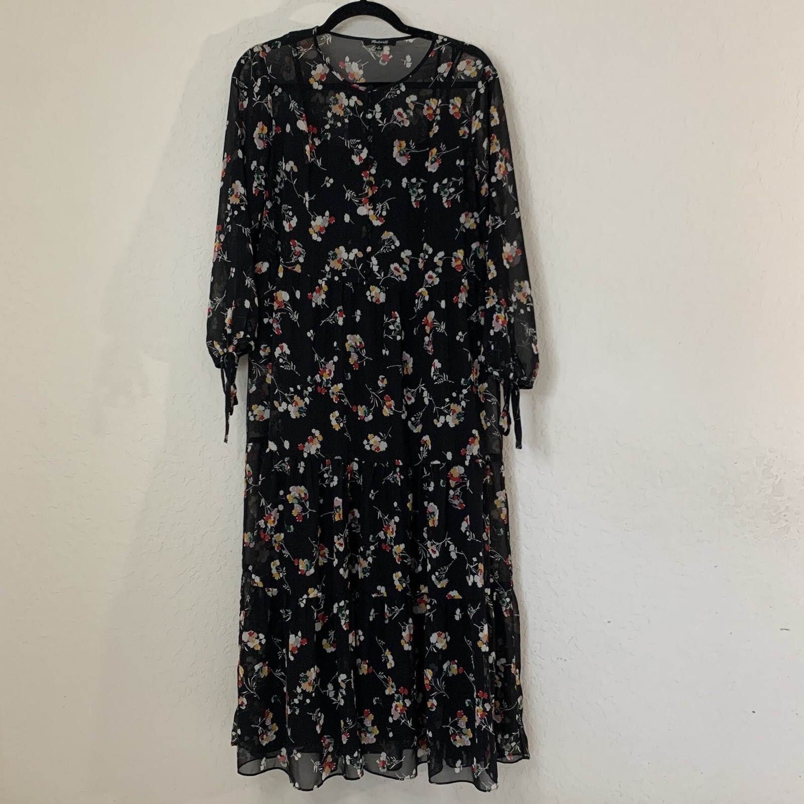 Madewell Midi Dress Women M Black Floral Button Front Sheer Cottagecore Preppy