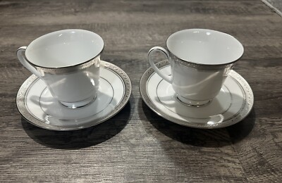 Set Of 2 Legendary Noritake Crestwood Platinum 4166 Coffee Tea Cups With Saucers