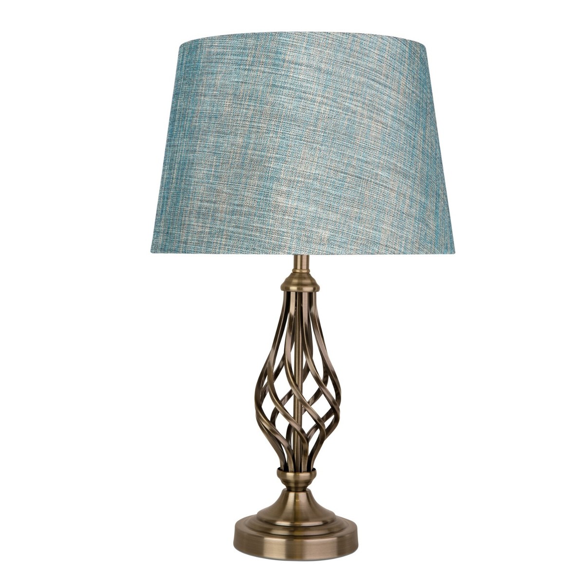 Table Lamp Queenswood Barley Twist Antique Brass with Blue Linen Drum Shade