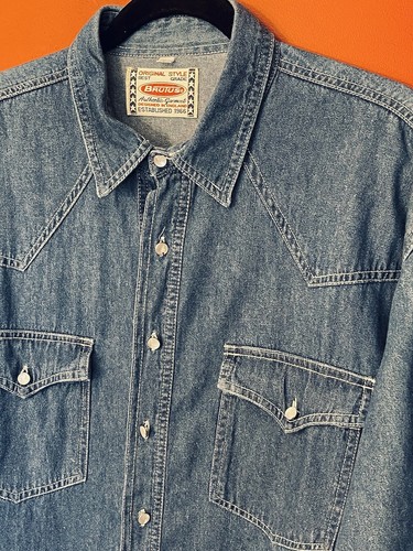 Camicia Vintage Bruto Perla Bottoni Cowboy Rodeo Denim Manica Lunga Taglia L 48” Uomo