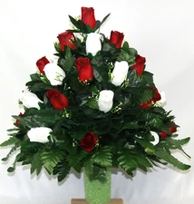 XL Handcrafted Red and White Closed Roses- 360 Degree Cemetery Flower Vase