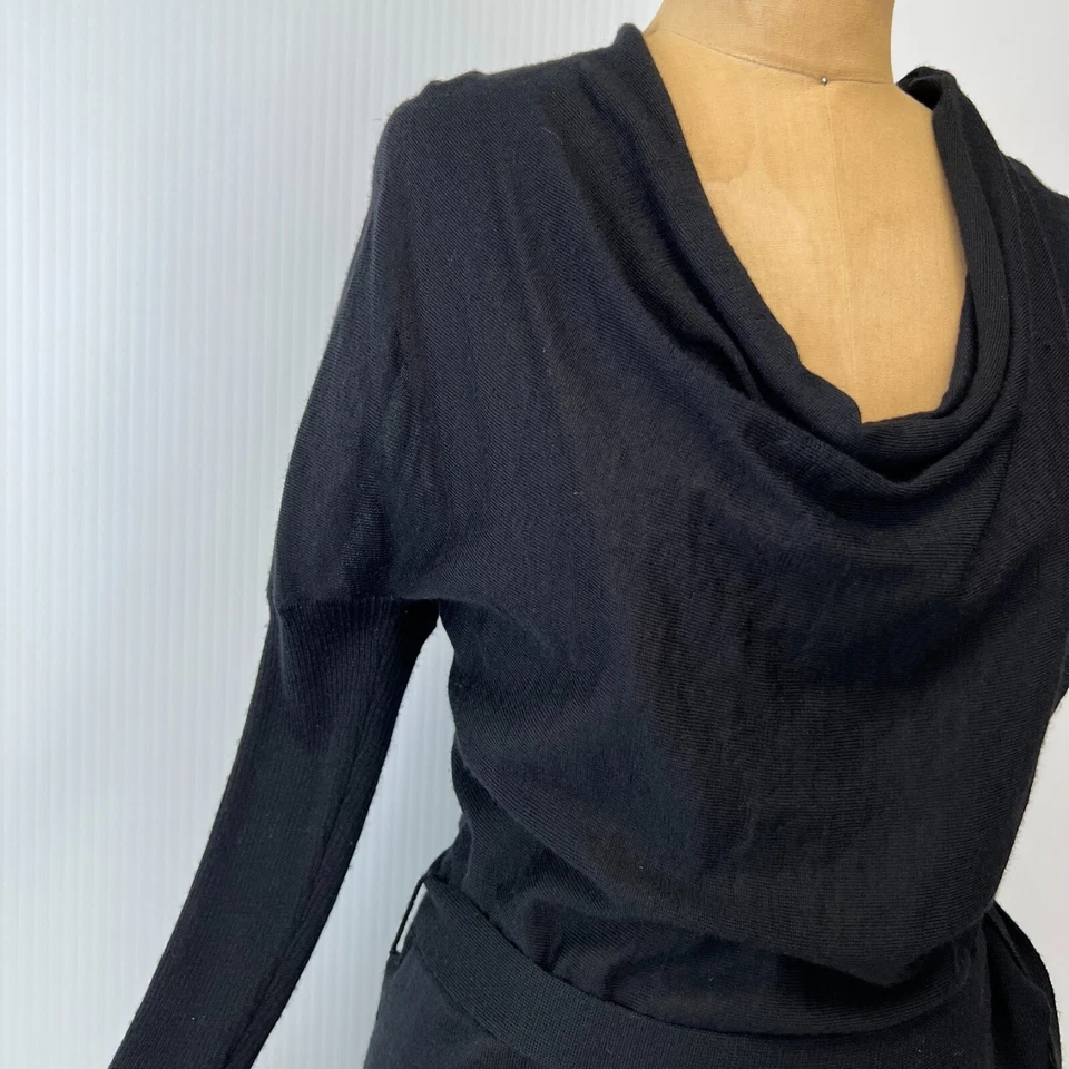 Qi Dress Women Small Wool Belt Tie Cowl Neck Rib Sheer Casual Work Party Core Go - Image 2 of 4