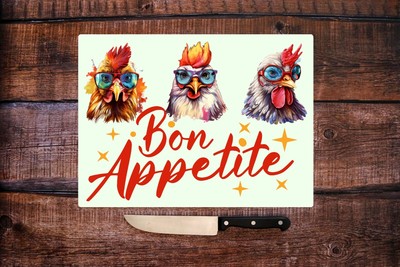 Cartoon Huhn strukturiertes Hartglas Hackbrett Bon Appetite Hühner