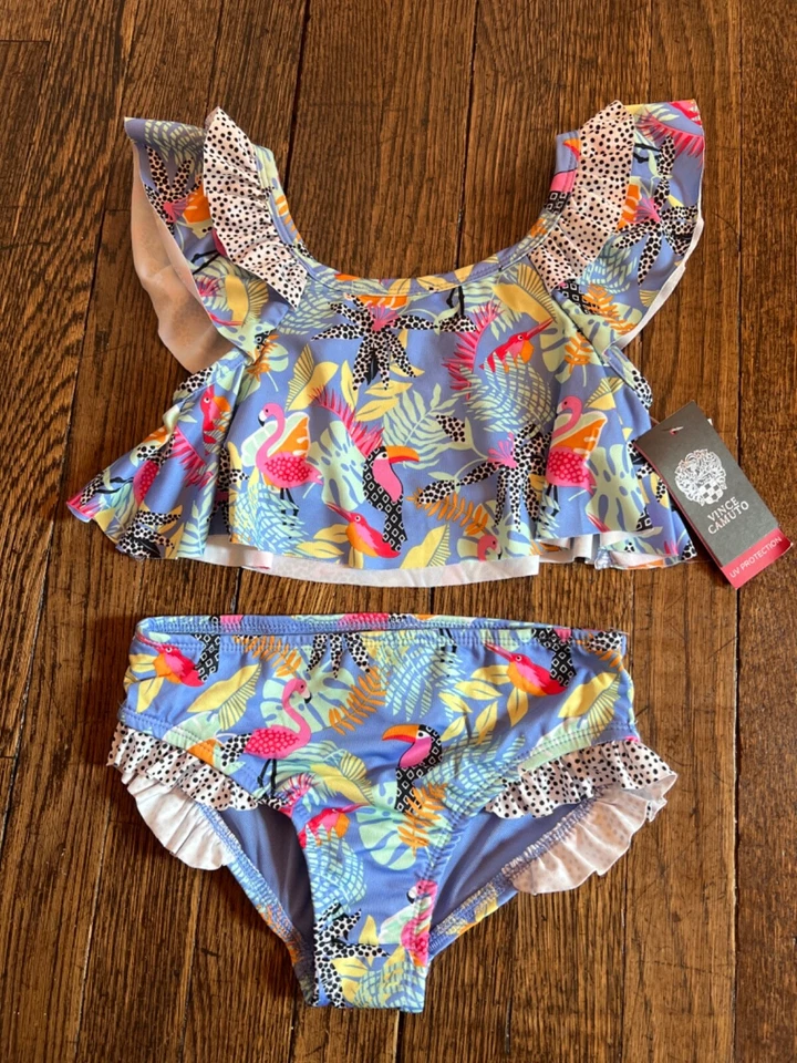 Traje de baño Vince Camuto para niñas de 2 piezas estampado tropical flamenco tucán talla 7 nuevo con etiquetas Foto 2 de 2