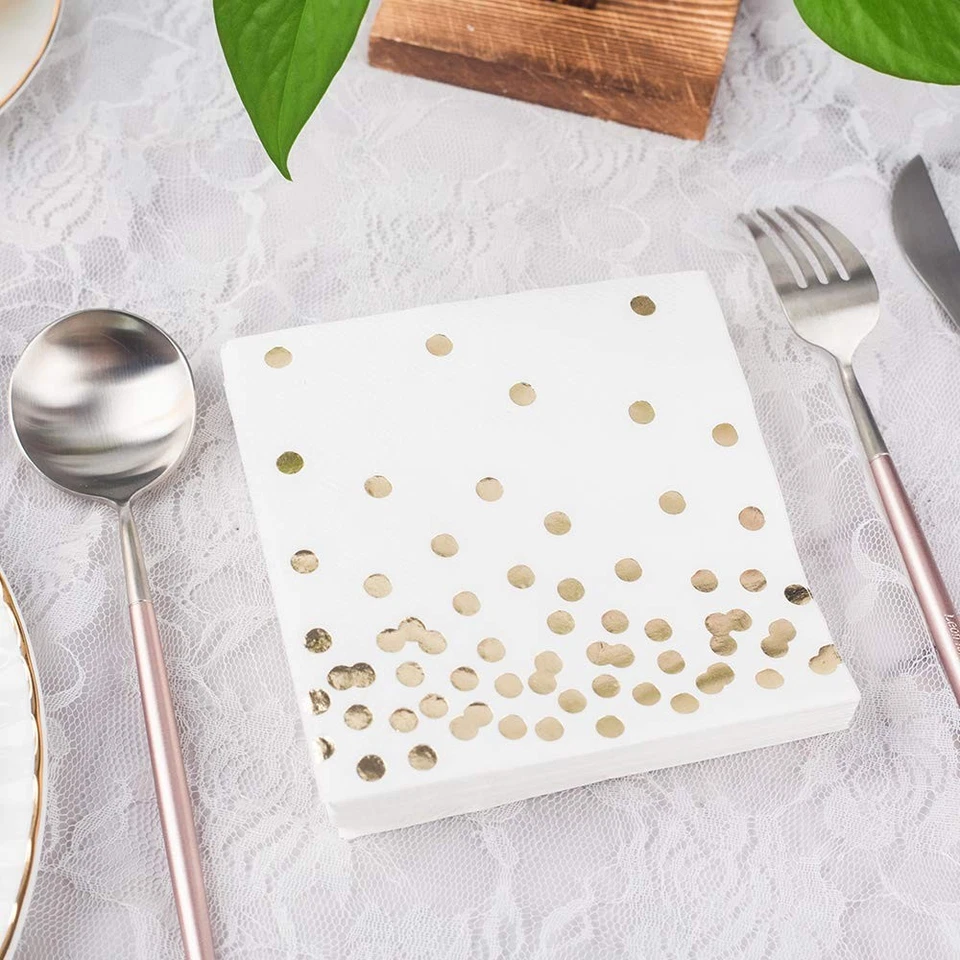 White Cocktail Napkins with Gold Dots 80 Pack 5x5 3 Ply - Image 3 of 4