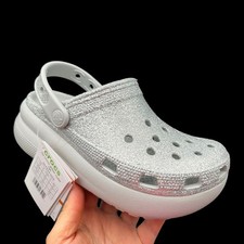 Crocs Youth Girls Platform Glitter Clog Size 2-3 Silver Slip-on Comfortable