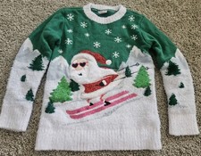 Holiday Time Santa Skiing Christmas Ugly Fuzzy Sweater Youth Size Medium 7-8