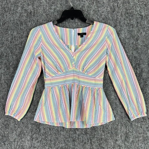 J Crew Shirt Womens 0 V-neck Peplum Rainbow Seersucker Piping Cotton Blouse