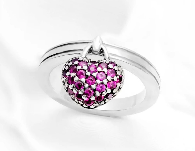 Silver Pave Heart Ring Pink Stones Charm Dangle 925  Silver Size 9