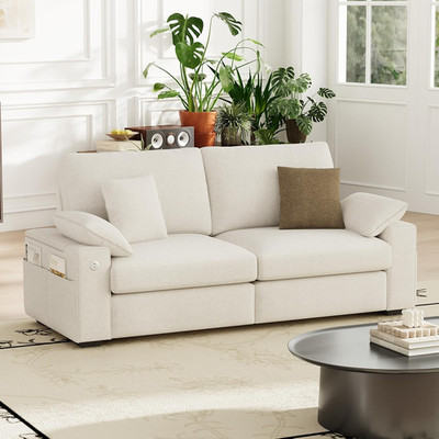 Beige 76'' Midcentury Loveseat Sofa with USB Ports & Storage Armrest, 4 Pillows
