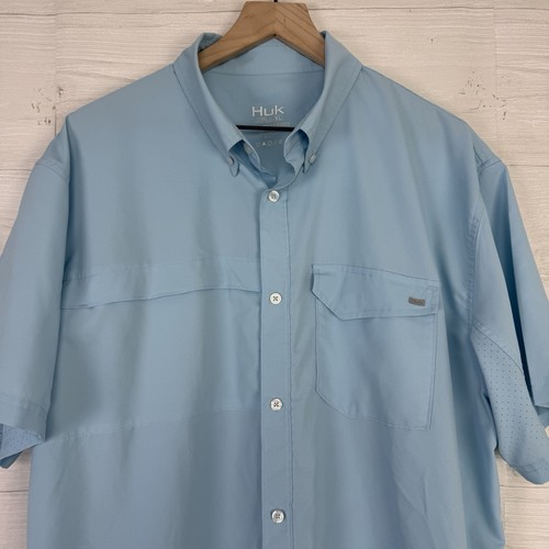 Huk Fishing Men's Short Sleeve Shirt Vented Fish Pocket Size XL Camp Blue - Picture 2 of 12