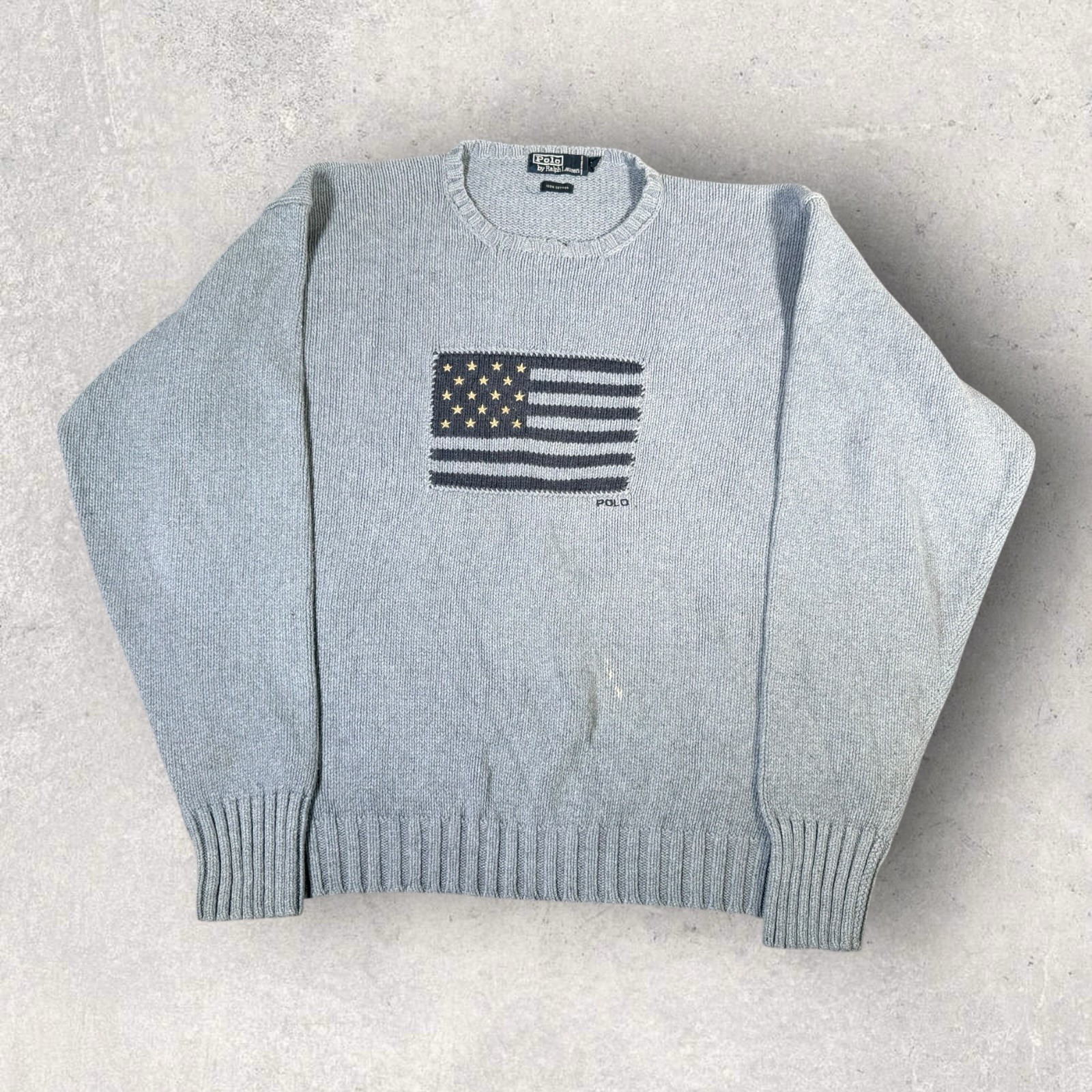 Vintage Polo Ralph Lauren Light Blue Knit USA Flag Sweater Men’s XXL Cotton Rare