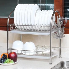 2Tier Dish Drying Rack Stainless Kitchen Dish Cup Drainer Dryer Holder Organizer